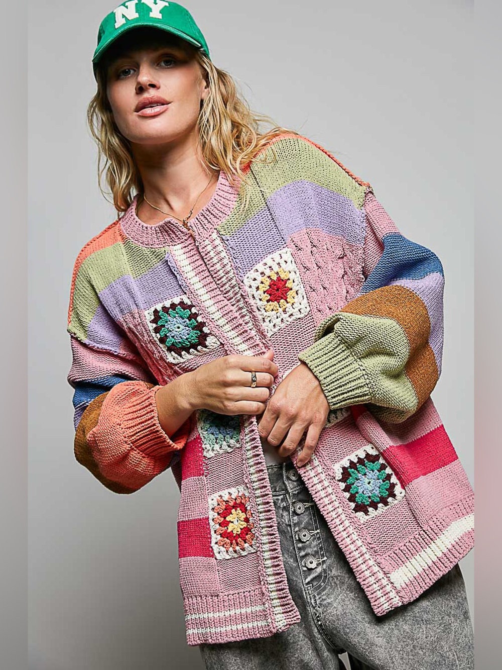 POL “ Canvas Cardigan “ Granny Square Patch Striped Color Block Cardigan Sweater
